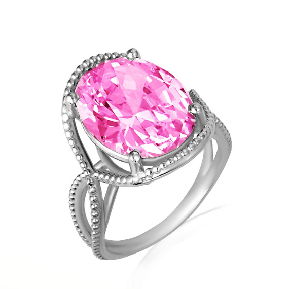 .925 Sterling Silver Beaded Oval Pink Gemstone Infinity Ring