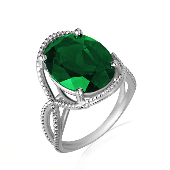 .925 Sterling Silver Beaded Oval Emerald Gemstone Infinity Ring