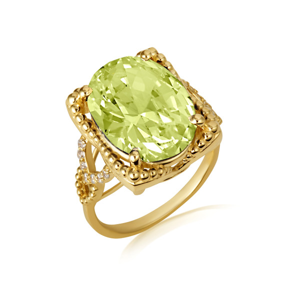 Gold Beaded Oval Peridot Gemstone Chevron Ring