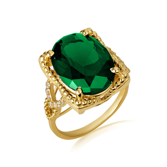 Gold Beaded Oval Emerald Gemstone Chevron Ring