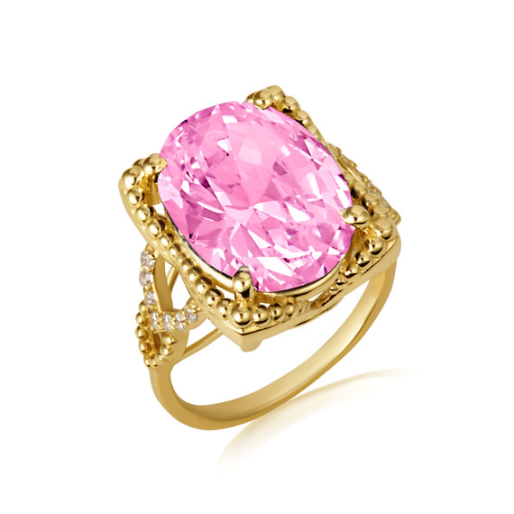 Gold Beaded Oval Pink Gemstone Chevron Ring