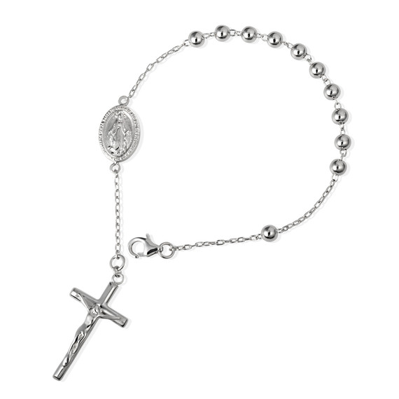 .925 Sterling Silver Beaded Jesus Christ Cross Crucifix Mother Mary Medallion Rosary Bracelet