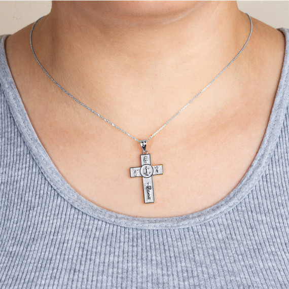 .925 Sterling Silver Patron Saints Beaded Cross Pendant Necklace  on female model