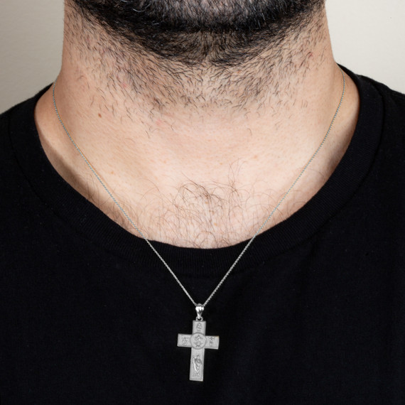 .925 Sterling Silver Patron Saints Beaded Cross Pendant Necklace  on male model