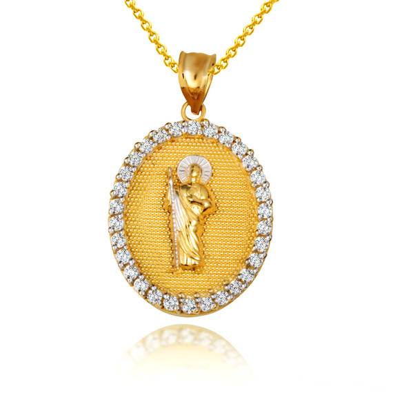 Two Tone CZ Saint Jude Oval Medallion Pendant Necklace (Available in Yellow/Rose/White Gold)