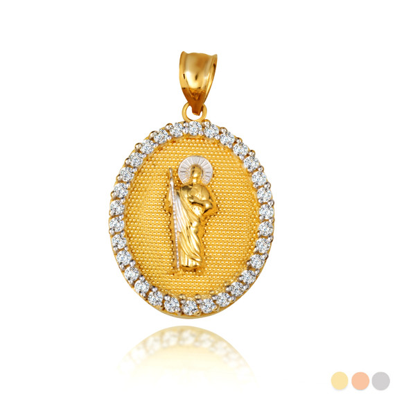 Two Tone CZ Saint Jude Oval Medallion Pendant