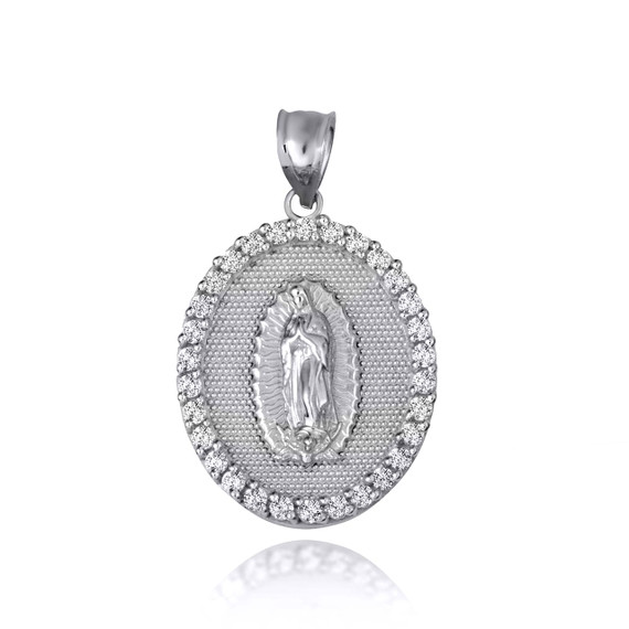 White Gold CZ Lady Of Guadalupe Oval Medallion Pendant