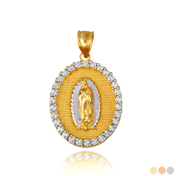 Two Tone CZ Lady Of Guadalupe Oval Medallion Pendant