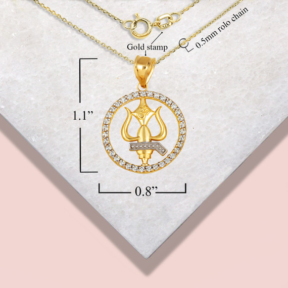 Two Tone Yellow/White Gold Lord Shiva Trishul Trident Hindu Om Diamond Halo Pendant Necklace with measurements