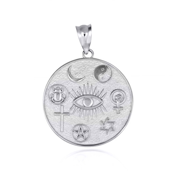 White Gold Spiritual Symbols Faith Medallion Pendant