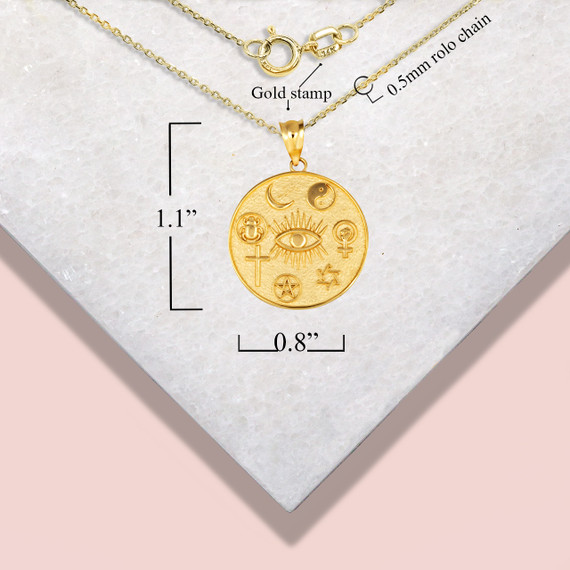 Gold Spiritual Symbols Faith Medallion Pendant Necklace with measurements