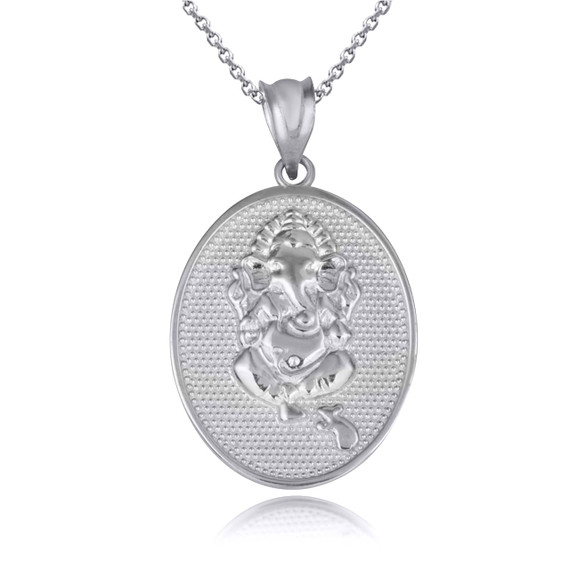 White Gold Hindu Elephant God Ganesha Beaded Medallion Pendant Necklace