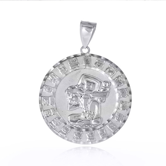 White Gold Diamond Cut Ancient Aztec Mayan Sun Calendar Deity Pendant