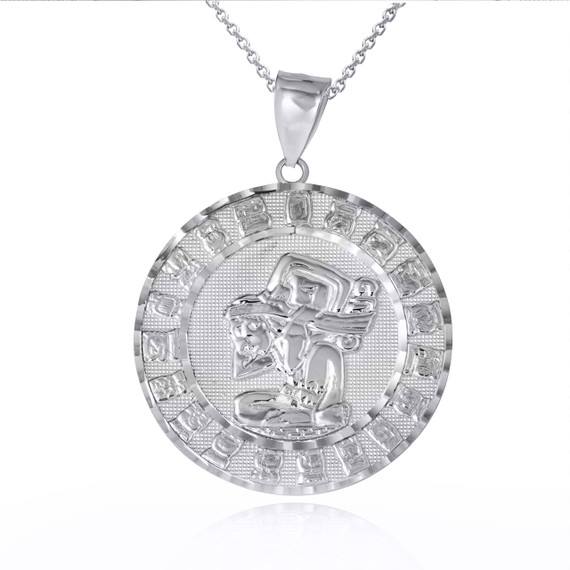 White Gold Diamond Cut Ancient Aztec Mayan Sun Calendar Deity Pendant Necklace