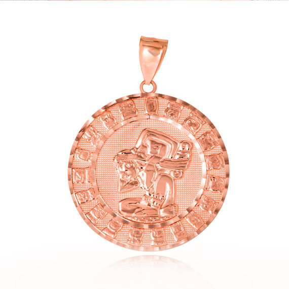 Rose Gold Diamond Cut Ancient Aztec Mayan Sun Calendar Deity Pendant