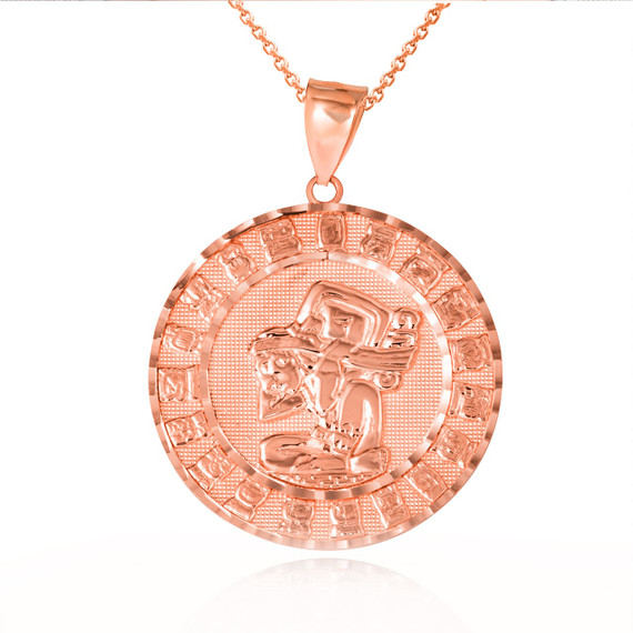 Rose Gold Diamond Cut Ancient Aztec Mayan Sun Calendar Deity Pendant Necklace