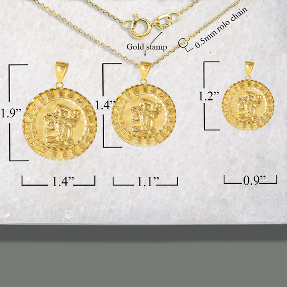 Gold Diamond Cut Ancient Aztec Mayan Sun Calendar Deity Pendant Necklace S/M/L with measurements