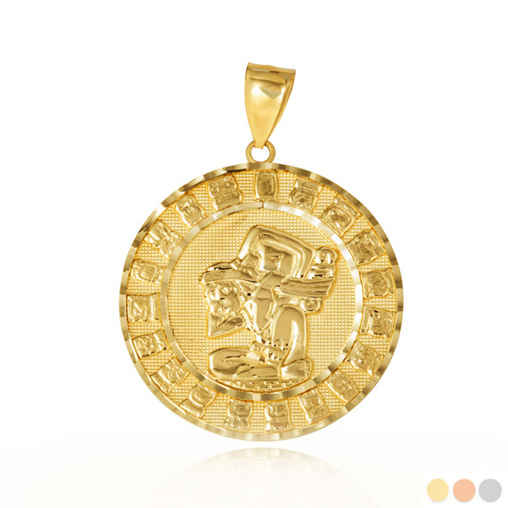 Gold Diamond Cut Ancient Aztec Mayan Sun Calendar Deity Pendant