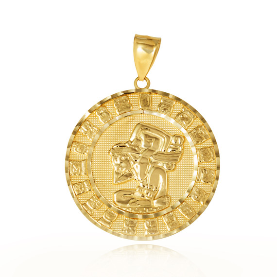 Gold Diamond Cut Ancient Aztec Mayan Sun Calendar Deity Pendant