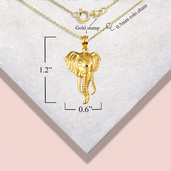 Gold Lucky Elephant Wildlife Animal Pendant Necklace with measurements