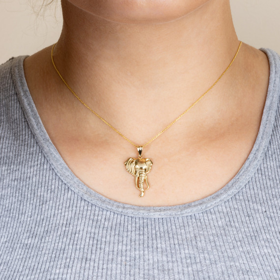 Gold Lucky Elephant Wildlife Animal Pendant Necklace on female model