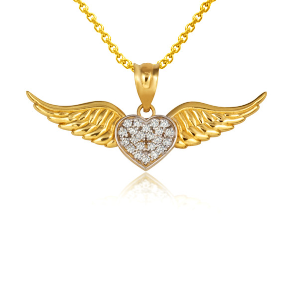 Gold Diamond Studded Winged Angel Heart Pendant Necklace