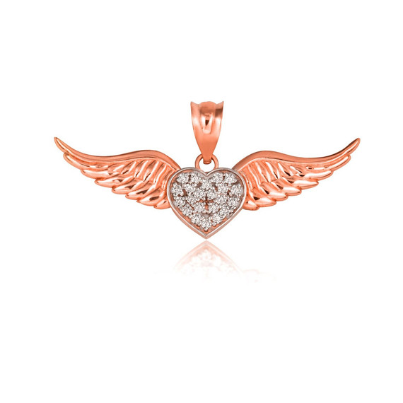 Rose Gold Diamond Studded Winged Angel Heart Pendant Necklace