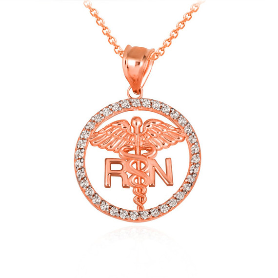 Rose Gold RN Caduceus Registered Nurse CZ Circle Pendant Necklace