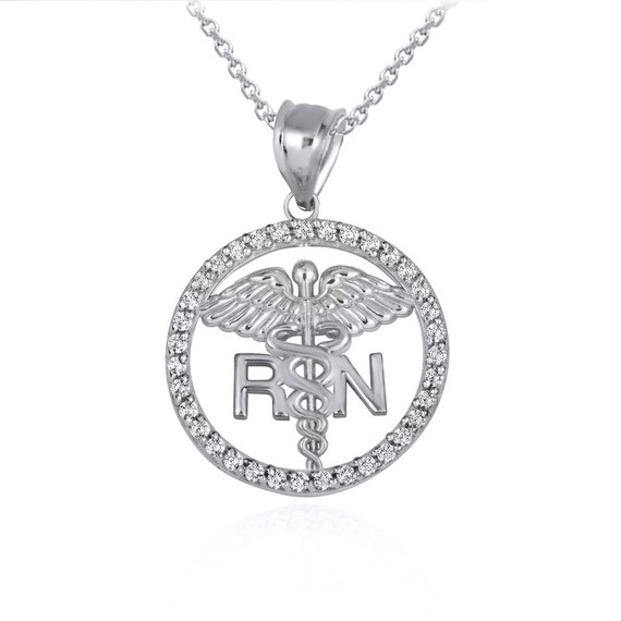 White Gold RN Caduceus Registered Nurse CZ Circle Pendant Necklace