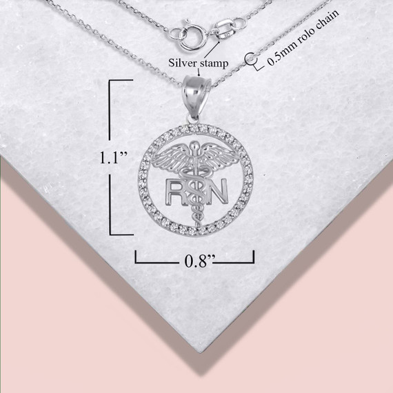 .925 Sterling Silver RN Caduceus Registered Nurse CZ Circle Pendant Necklace with measurements