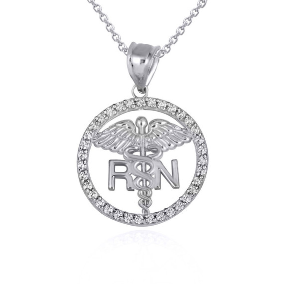 .925 Sterling Silver RN Caduceus Registered Nurse CZ Circle Pendant Necklace