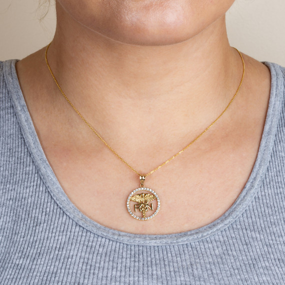 Gold RN Caduceus Registered Nurse Diamond Circle Pendant Necklace on female model