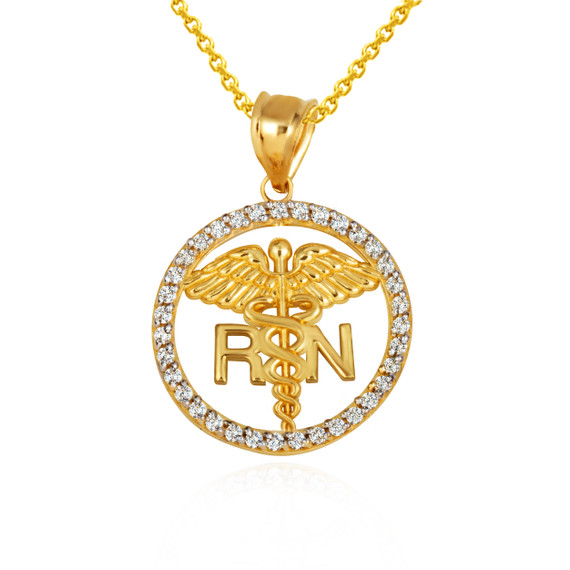 Gold RN Caduceus Registered Nurse Diamond Circle Pendant Necklace