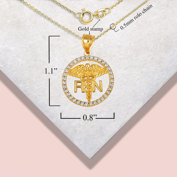 Gold RN Caduceus Registered Nurse Diamond Circle Pendant Necklace with measurements