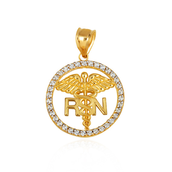 Gold RN Caduceus Registered Nurse Diamond Circle Pendant