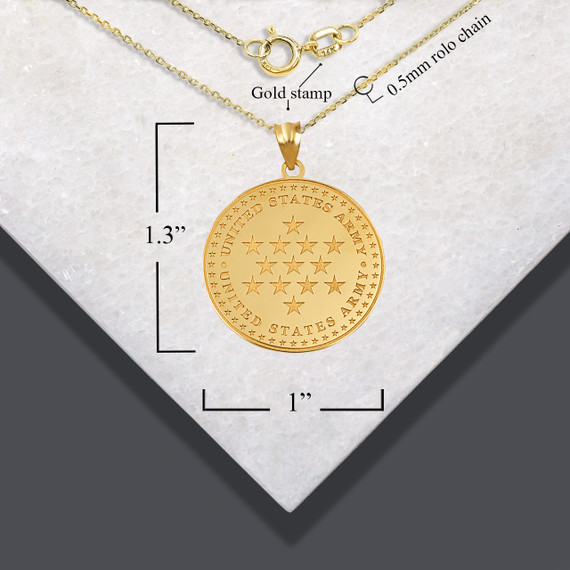 Gold US Army Historical Stars Pendant Necklace with measurements