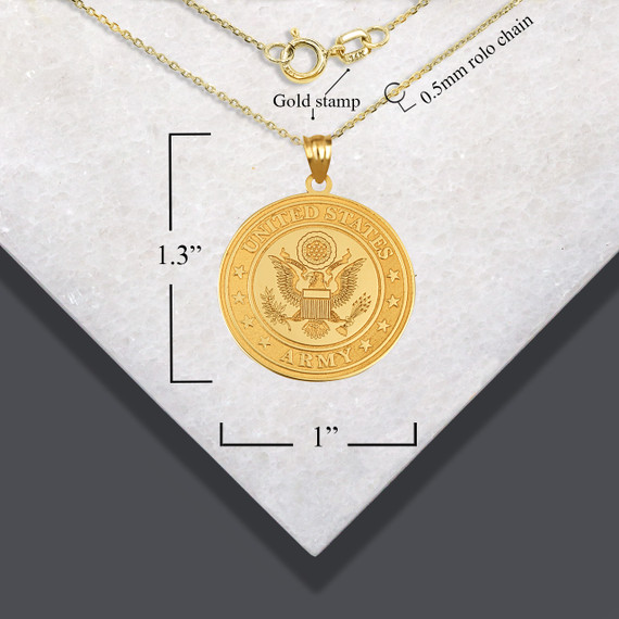 Gold US Army Debossed Coin Pendant Necklace with measurements