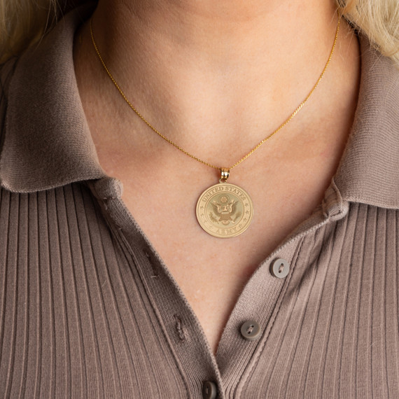 Gold US Army Debossed Coin Pendant Necklace on female model