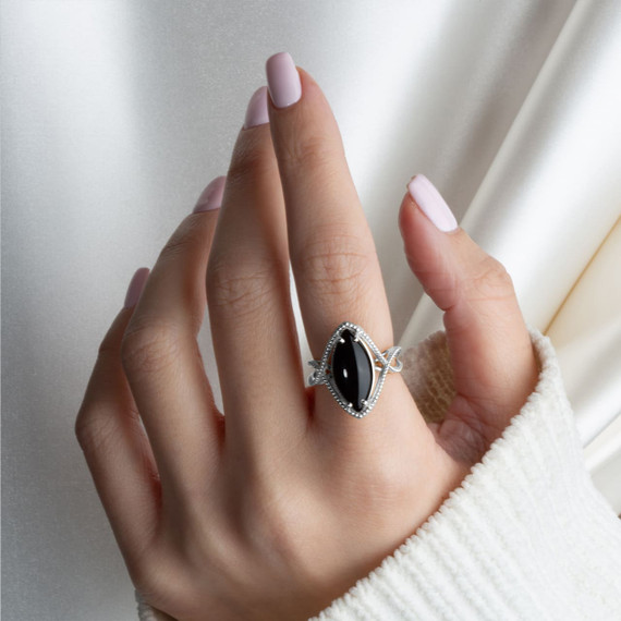 .925 Sterling Silver Beaded Black Onyx Marquise Cut Gemstone Infinity Ring on female model