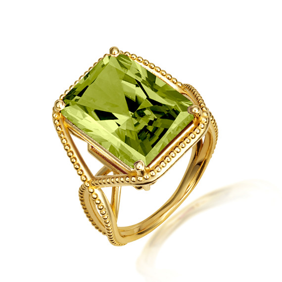 Gold Beaded Emerald Cut Peridot Gemstone Infinity Ring