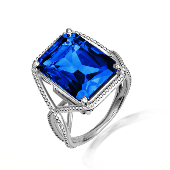 .925 Sterling Silver Beaded Emerald Cut Sapphire Gemstone Infinity Ring