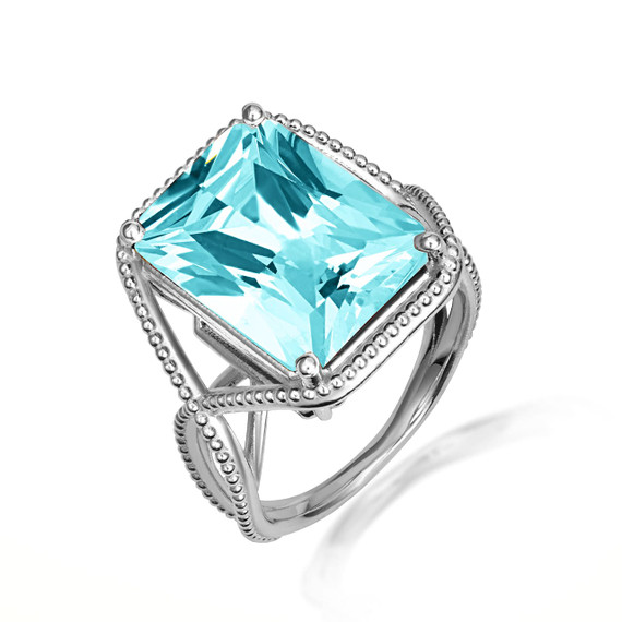 .925 Sterling Silver Beaded Emerald Cut Aqua Gemstone Infinity Ring