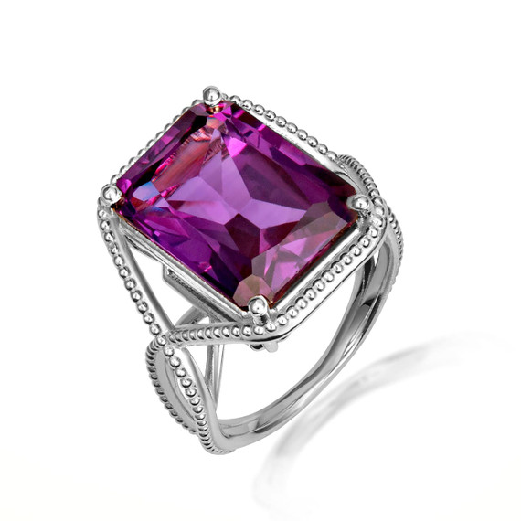 .925 Sterling Silver Beaded Emerald Cut Amethyst Gemstone Infinity Ring