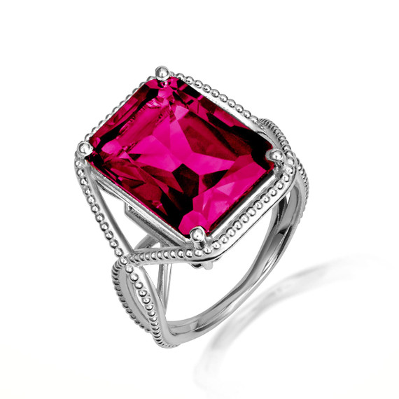 .925 Sterling Silver Beaded Emerald Cut Ruby Gemstone Infinity Ring