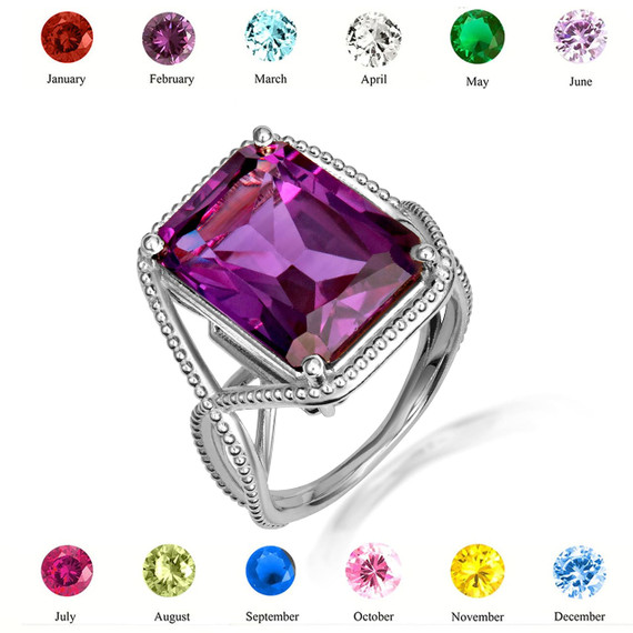 .925 Sterling Silver Beaded Emerald Cut Gemstone Infinity Ring