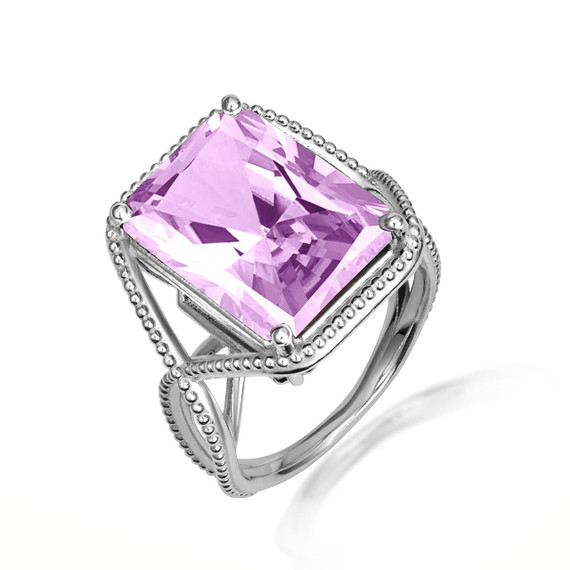 .925 Sterling Silver Beaded Emerald Cut Alexandrite Gemstone Infinity Ring