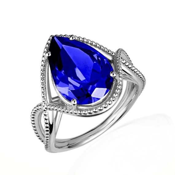 .925 Sterling Silver Beaded Pear Cut Sapphire Gemstone Infinity Ring