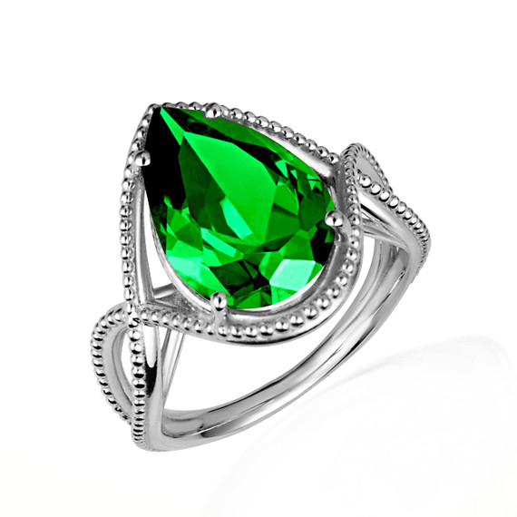 .925 Sterling Silver Beaded Pear Cut Emerald Gemstone Infinity Ring