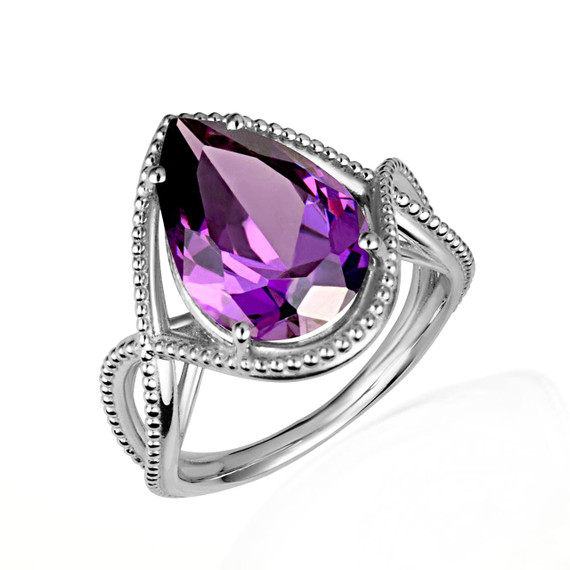 .925 Sterling Silver Beaded Pear Cut Amethyst Gemstone Infinity Ring