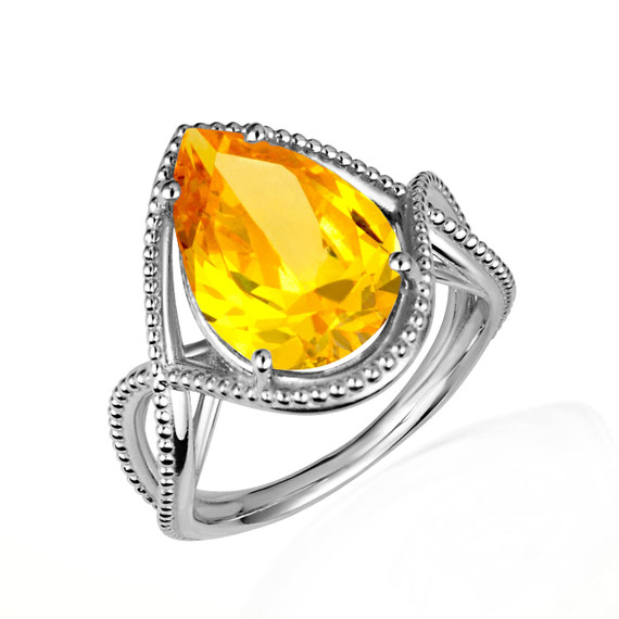.925 Sterling Silver Beaded Pear Cut Citrine Gemstone Infinity Ring